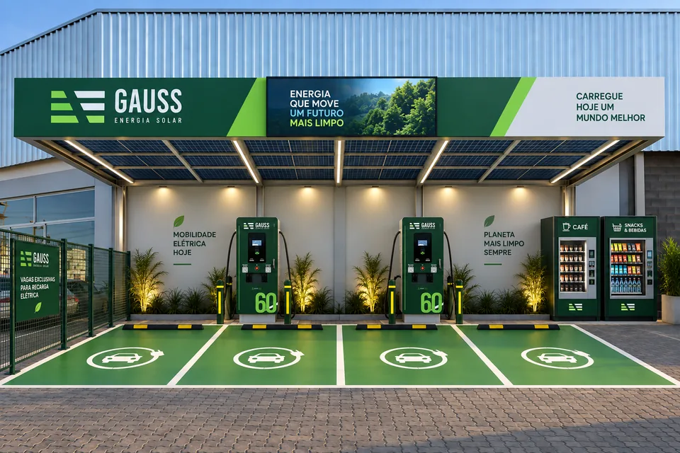 Ilustração de eletroposto Gauss com cobertura solar, dois carregadores DC de 60 kW, quatro vagas verdes e máquinas de café e lanches